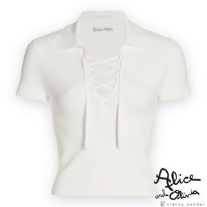 Alice + Olivia *NWT* Janine Lace Up Polo Top in Soft White